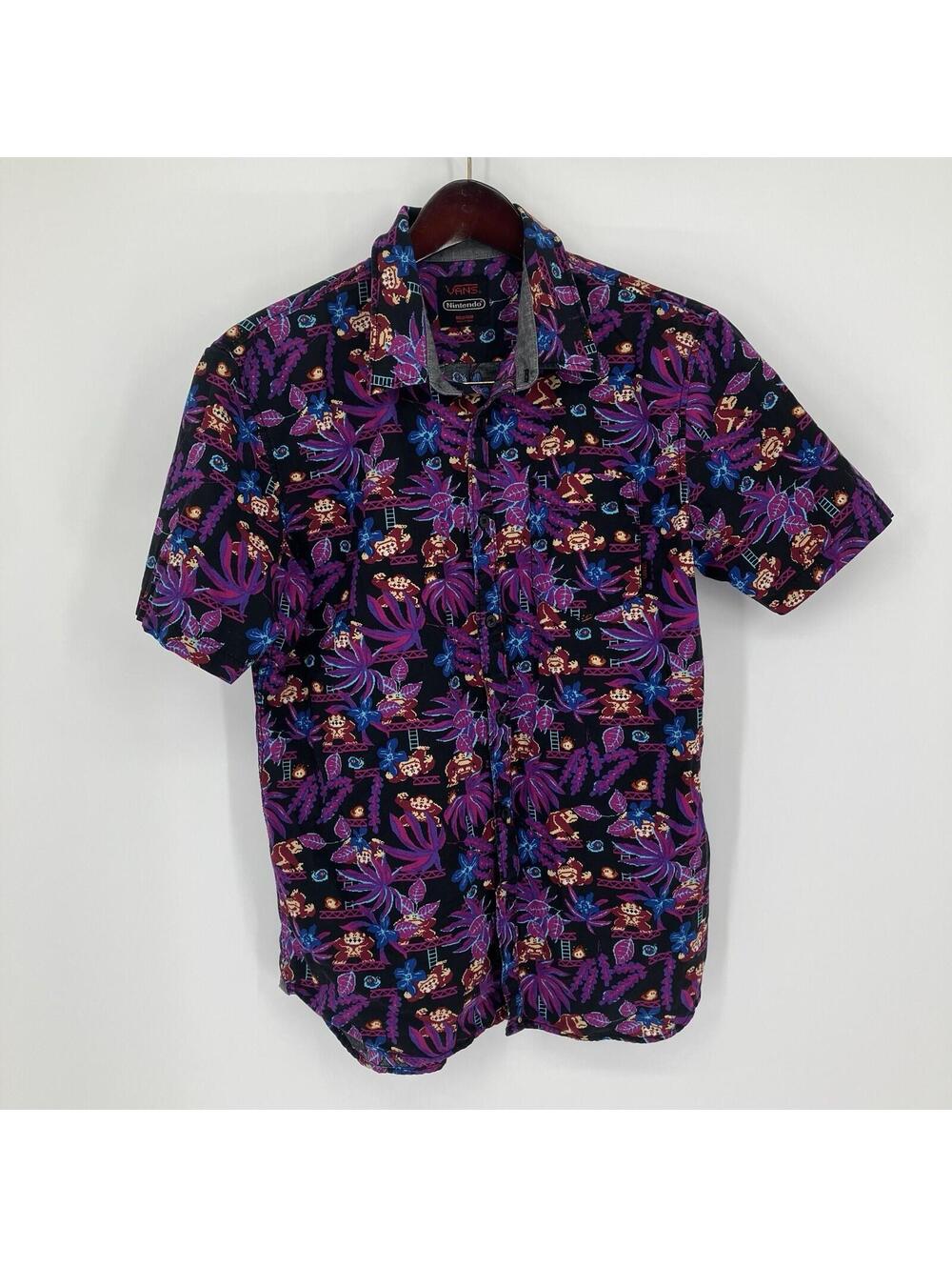 Vans x Nintendo Donkey Kong Shirt Men Medium M 8-Bit Tropical Hawaiian Button Up